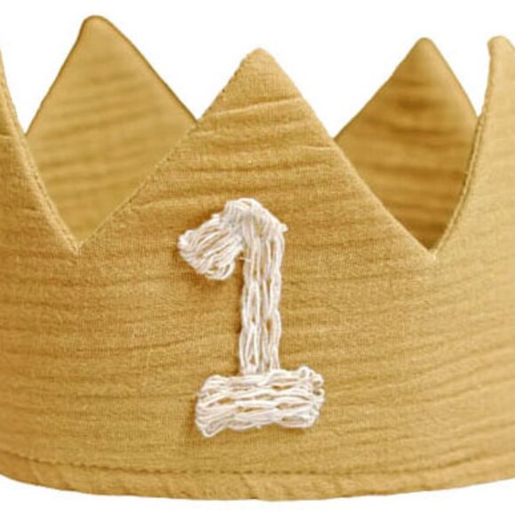 Handmade Fabric first Birthday party CROWN hat (Color mustard YELLOW) for baby - Picture 2 of 4